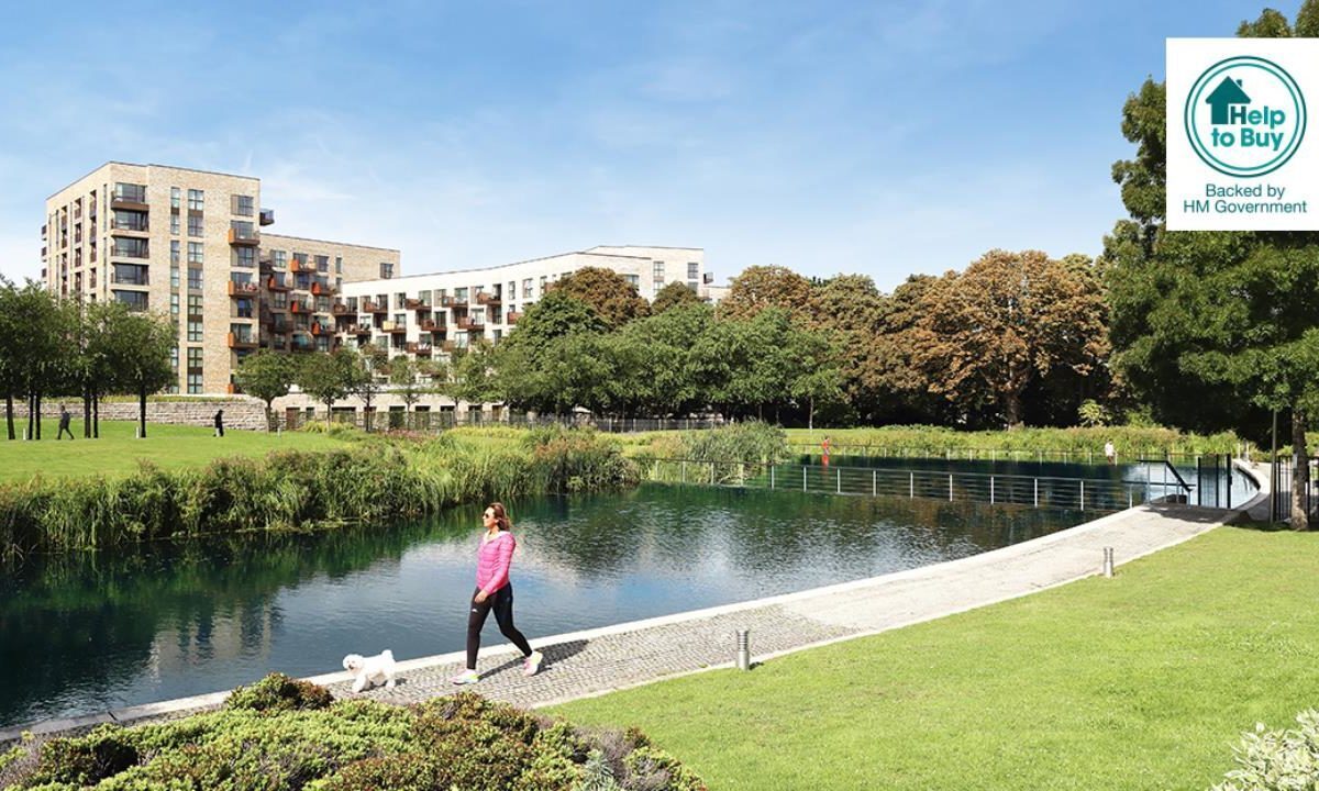 A photo showing a woman walking her dog in a park near a new development. The photo shows the "Help To Buy" scheme logo in the top right corner.