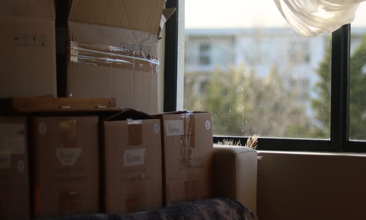 A photo showing labelled cardboard boxes in front of a window.