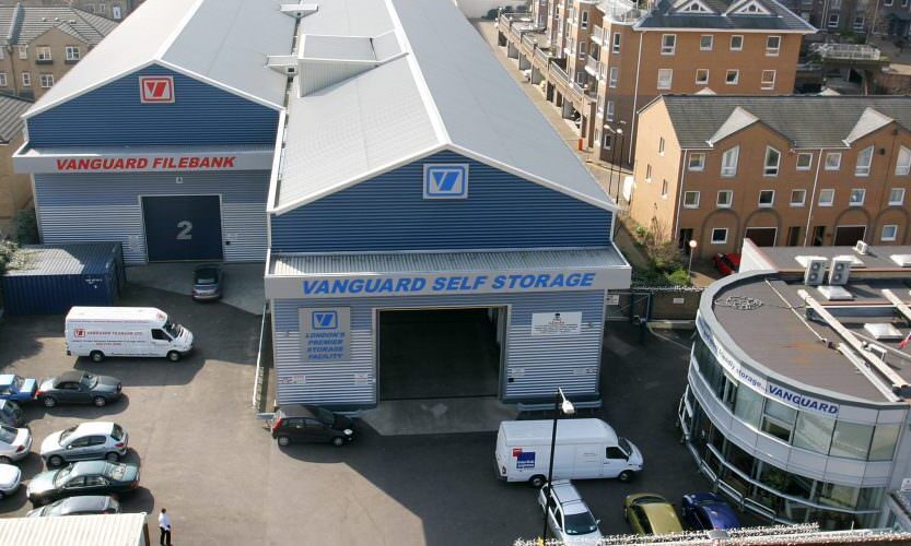 A photo showing an aerial shot of the Vanguard Storage branch in East London.