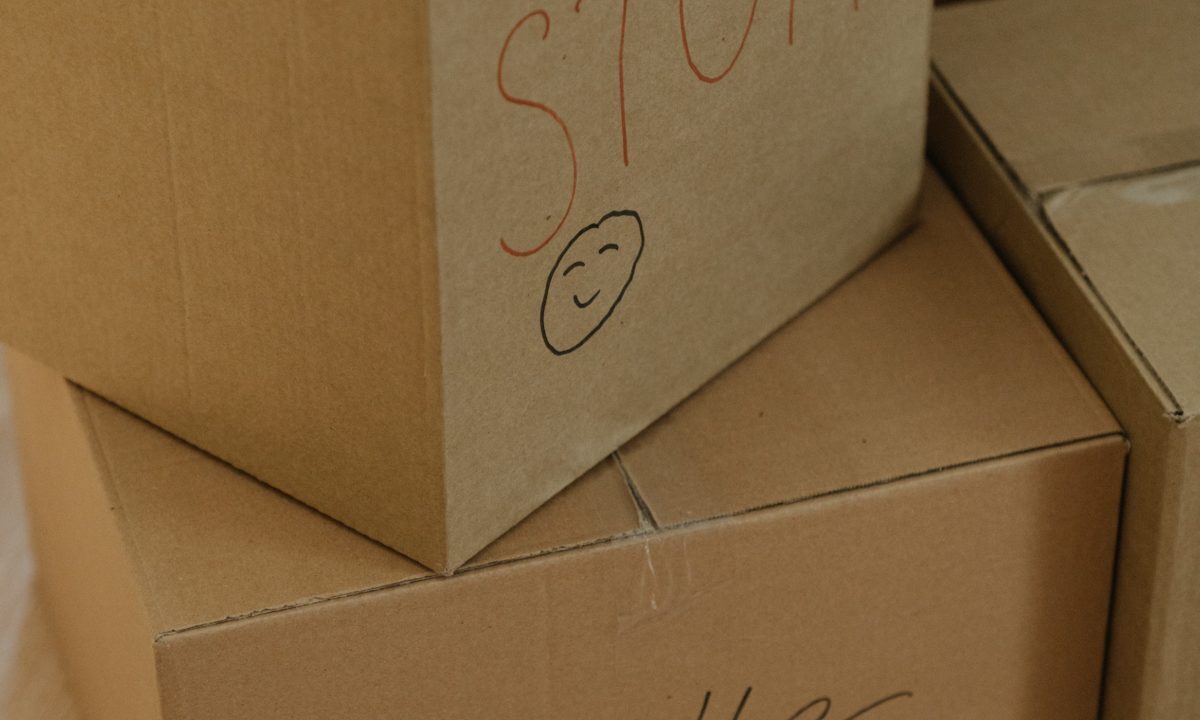 A photo showing cardboard storage boxes labelled for a move.