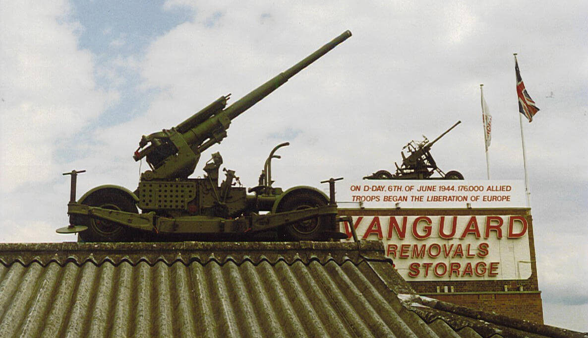 A photo showing a war tanker placed on top of the Vanguard Self Storage branch in West London.