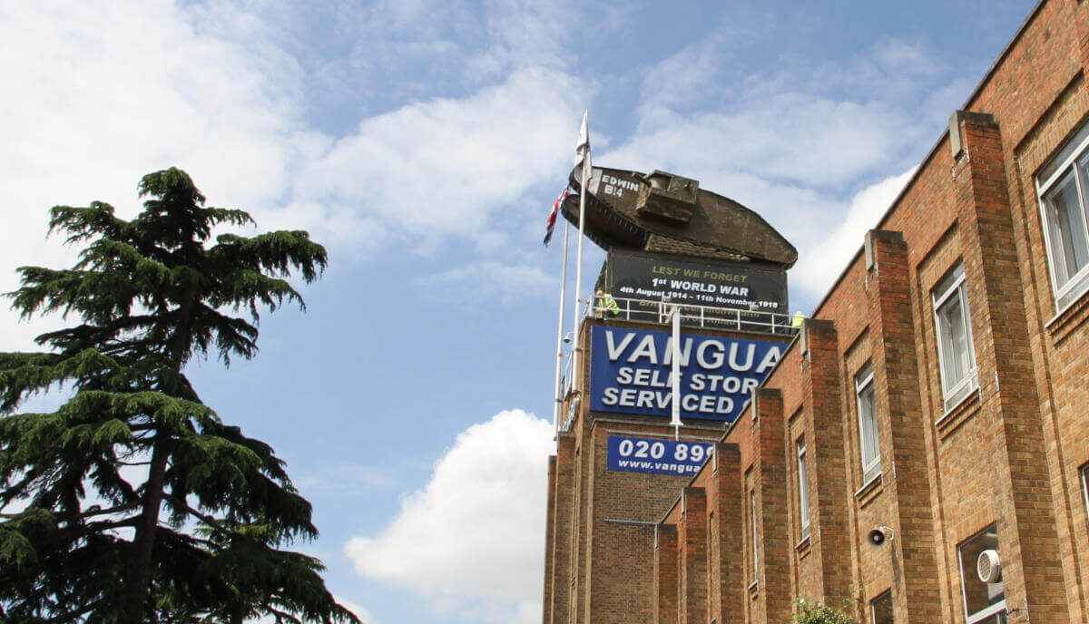 A photo showing the Edwin mark iv tank on top of the roof of the Vanguard Self Storage branch in West London.