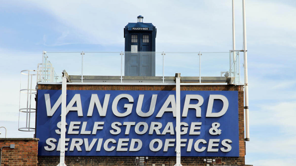A photo showing the Doctor Who Tardis on top of the roof at the Vanguard Self Storage branch in West London.