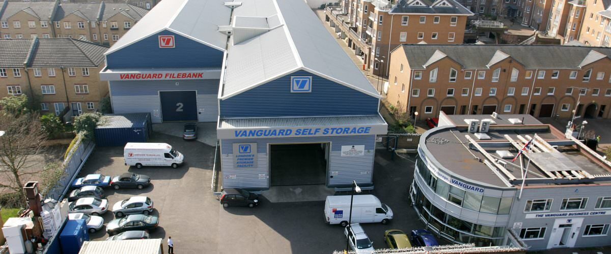A photo showing an aerial shot of the Vanguard Storage branch in East London.