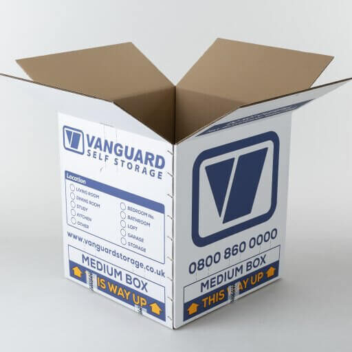 A photo showing the Vanguard medium cardboard box, available to buy from Vanguard's packing materials.