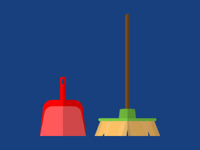 A graphic showing a dustpan and brush against a dark blue background.
