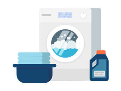 A graphic showing a washing machine with a bottle of detergent and a laundry basket next to it.
