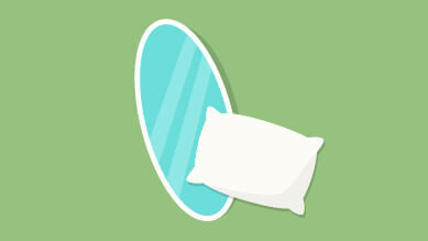 A graphic showing a white pillow and a mirror against a plain green background.
