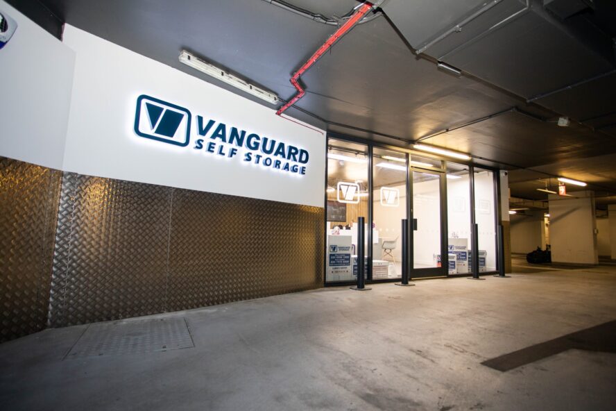 A photo showing the entrance of the Vanguard self storage branch in Soho.