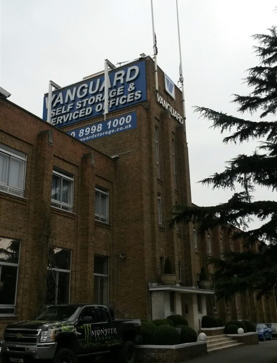 A photo showing the exterior of the Vanguard Self Storage branch in West London.