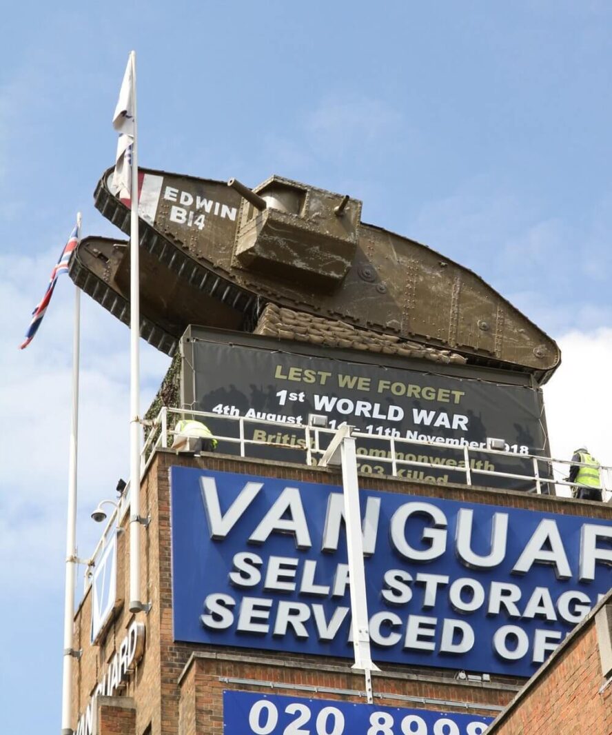 A photo of the Vanguard Edwin tank on top of the roof of the Vanguard West London branch.