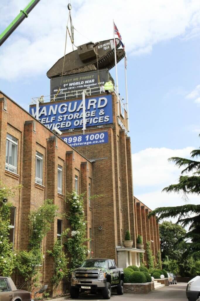 A photo of the Vanguard Edwin tank on top of the roof of the Vanguard West London branch.