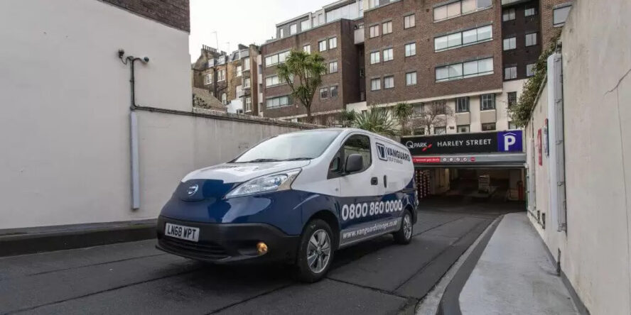 A photo showing the Vanguard van exiting the Vanguard Self Storage branch in Central London (W1).